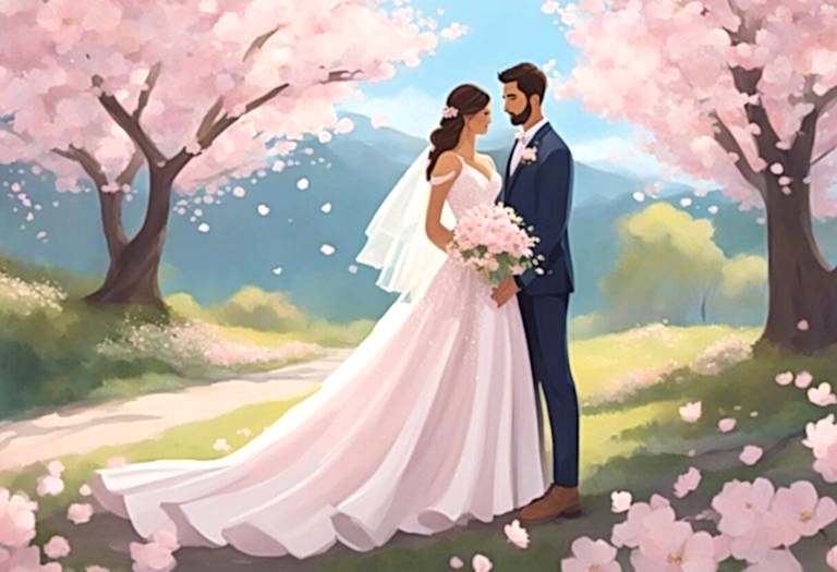 A couple stands beneath a blooming cherry blossom tree in spring. The bride's flowing gown billows in the breeze as the groom gazes lovingly at her. The soft pink petals create a romantic backdrop for their wedding photos